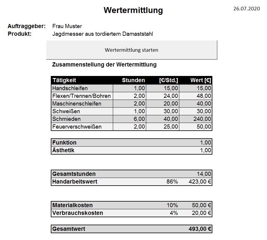 Wertermittlung Excel-Tabelle